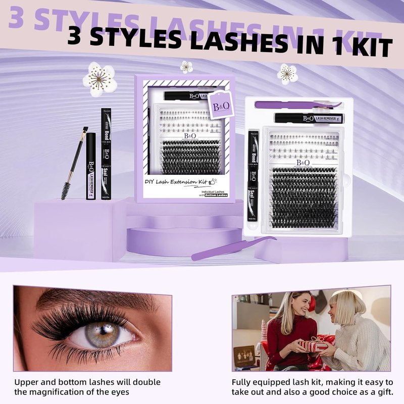 Eyelash Extension Kit - 50D D Curl Lash Clusters with Bottom Lashes | DIY 10-18mm Applicator Set