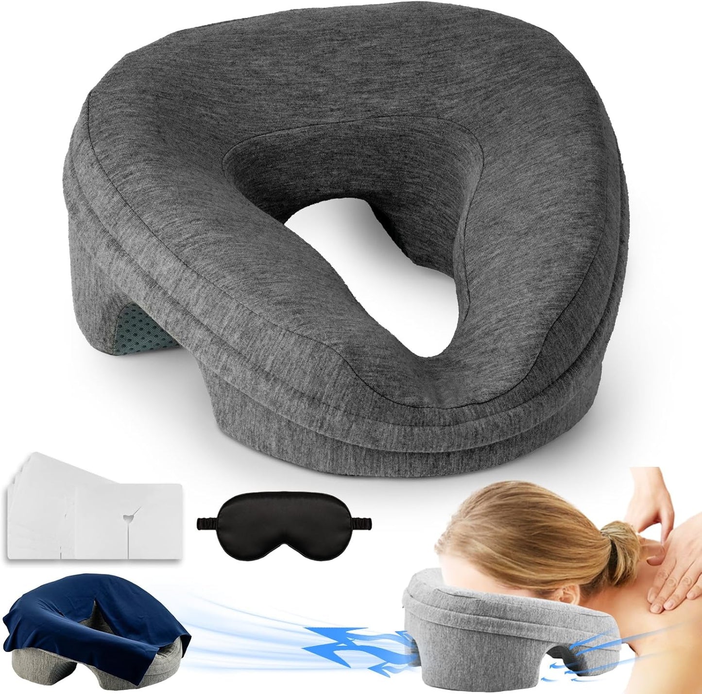 VVB Massage Pillow - Face Down Headrest for Post-Surgery Recovery | Removable Cover, Black