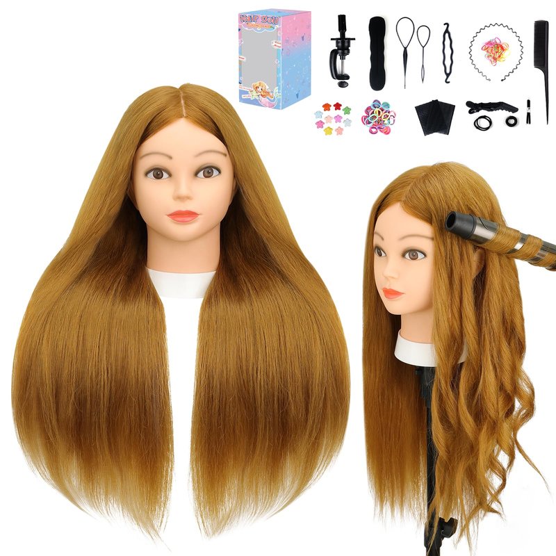 Mannequin Head with 70% Human Hair, 26" Light Brown Real Human Hair Training Head, Manikin Cosmetology Head with Clamp Holder & Tools, Practice Doll Head for Hair Styling, Braiding, Curling, Cutting