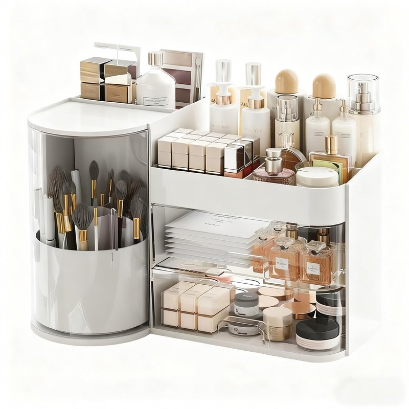 FYABREEK Makeup Organizer 14" D x 8.3" W x 9" H Cosmetic Organizer with Drawers Countertop Skincare Organizer for Vanity Cosmetic Display Case Storage Rotating Brush Holder (White)