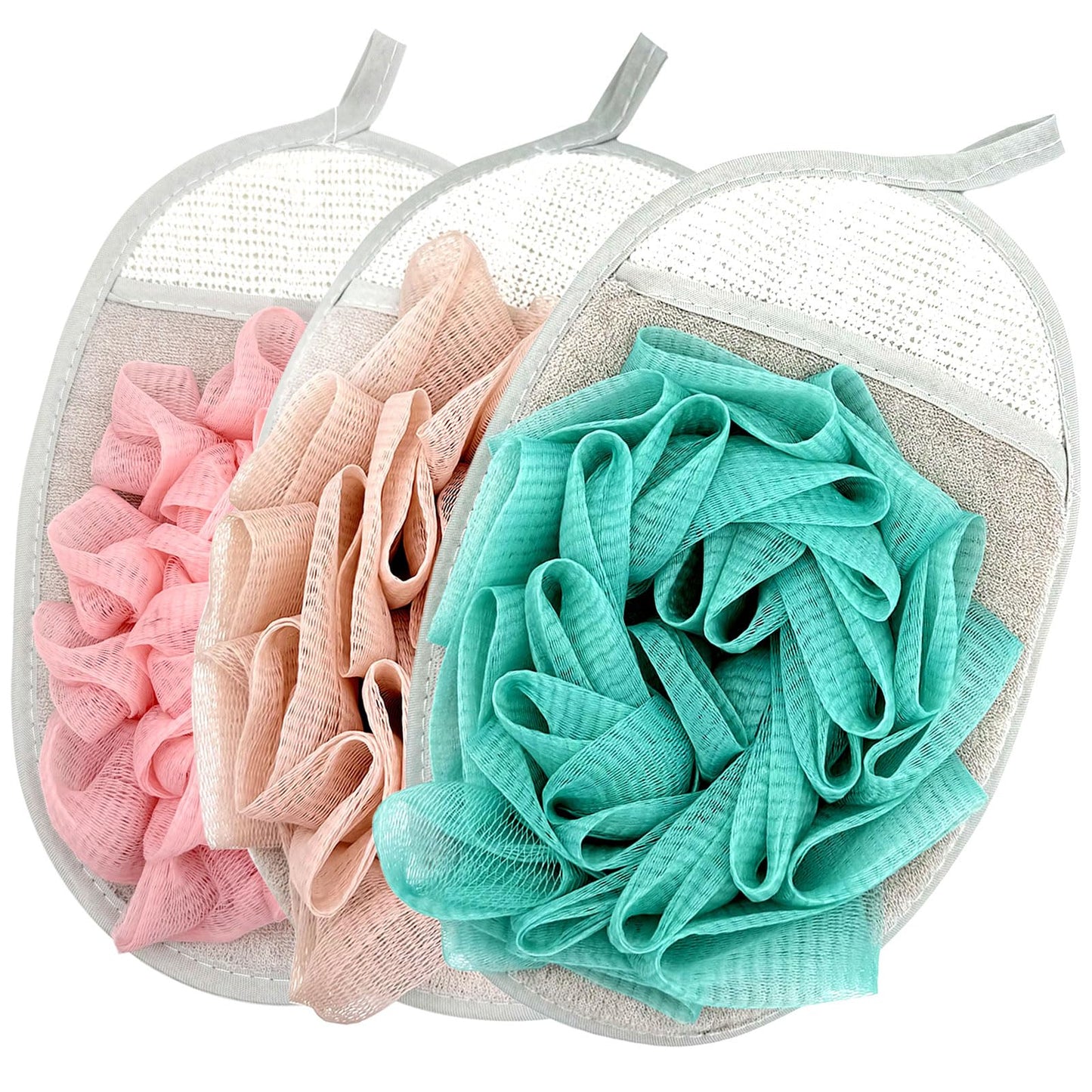 3PCS Mesh Bath Sponge Gloves with Flower Pouf Balls – Exfoliating Shower Brushes for Gentle Body Scrub & Deep Cleansing