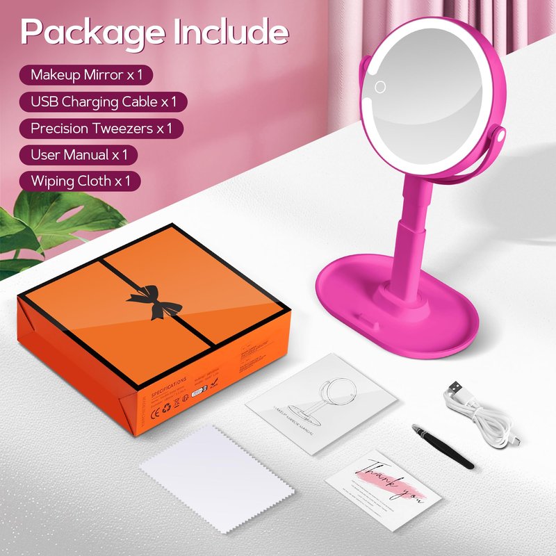 B Beauty Planet Makeup Mirror with Lights, Lighted Magnifying Mirror 30X with 3 Lighting and Adjustable Brightness, 2-Sided Height Adjustable Vanity Mirror for Bathroom, Gifts for Women Hot Pink