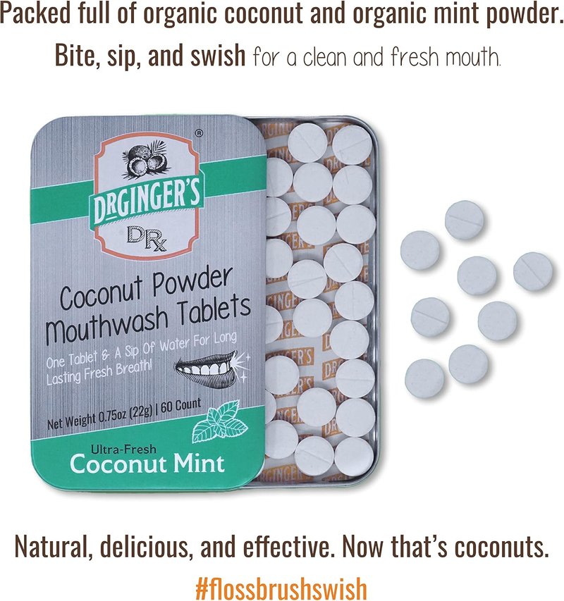 Coconut Oil Mouthwash Tablets - Organic Coconut Mint with Xylitol | Freshens Breath, Travel-Friendly, 60 Count