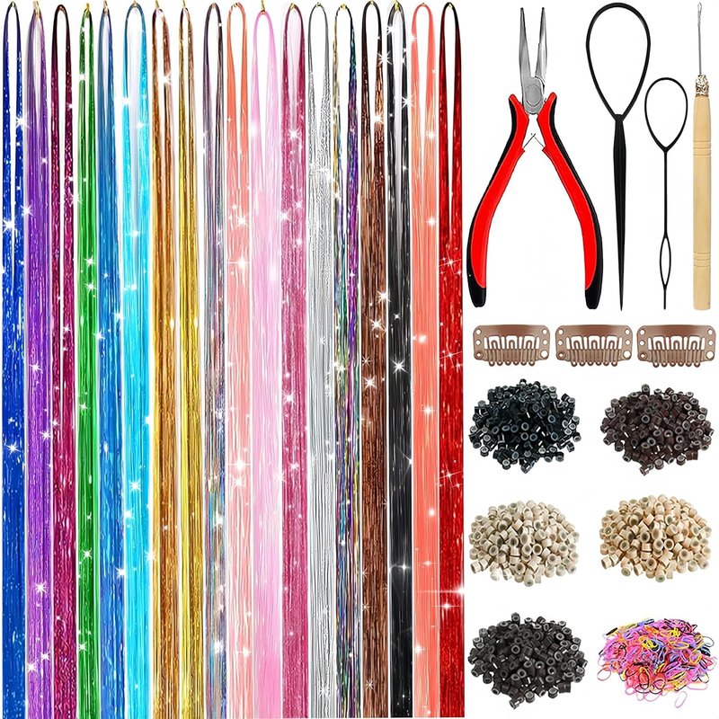 Skiennix Hair Tinsel Kit - 18 Colors of Holographic Hair Extensions | Heat Resistant Glitter for Festivals