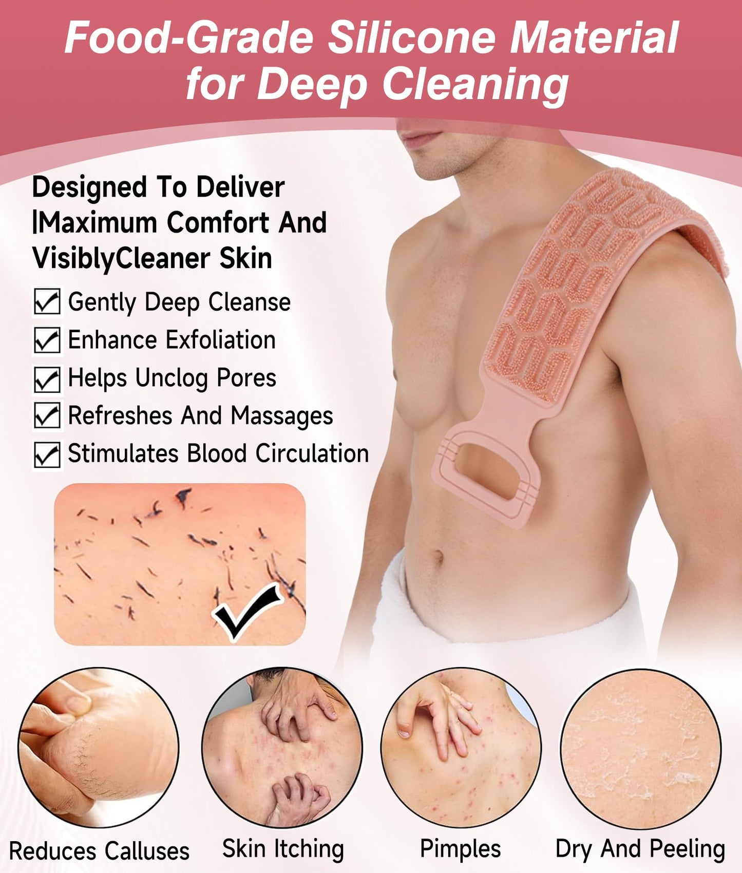 EaTubano Back Scrubber for Shower - Exfoliating Back Scrubber with Handles,Double-Sided Exfoliating Wash Bath Tool for Use in Shower, Back Washer to Deep Clean Your Skin for Men & Women (Pink)