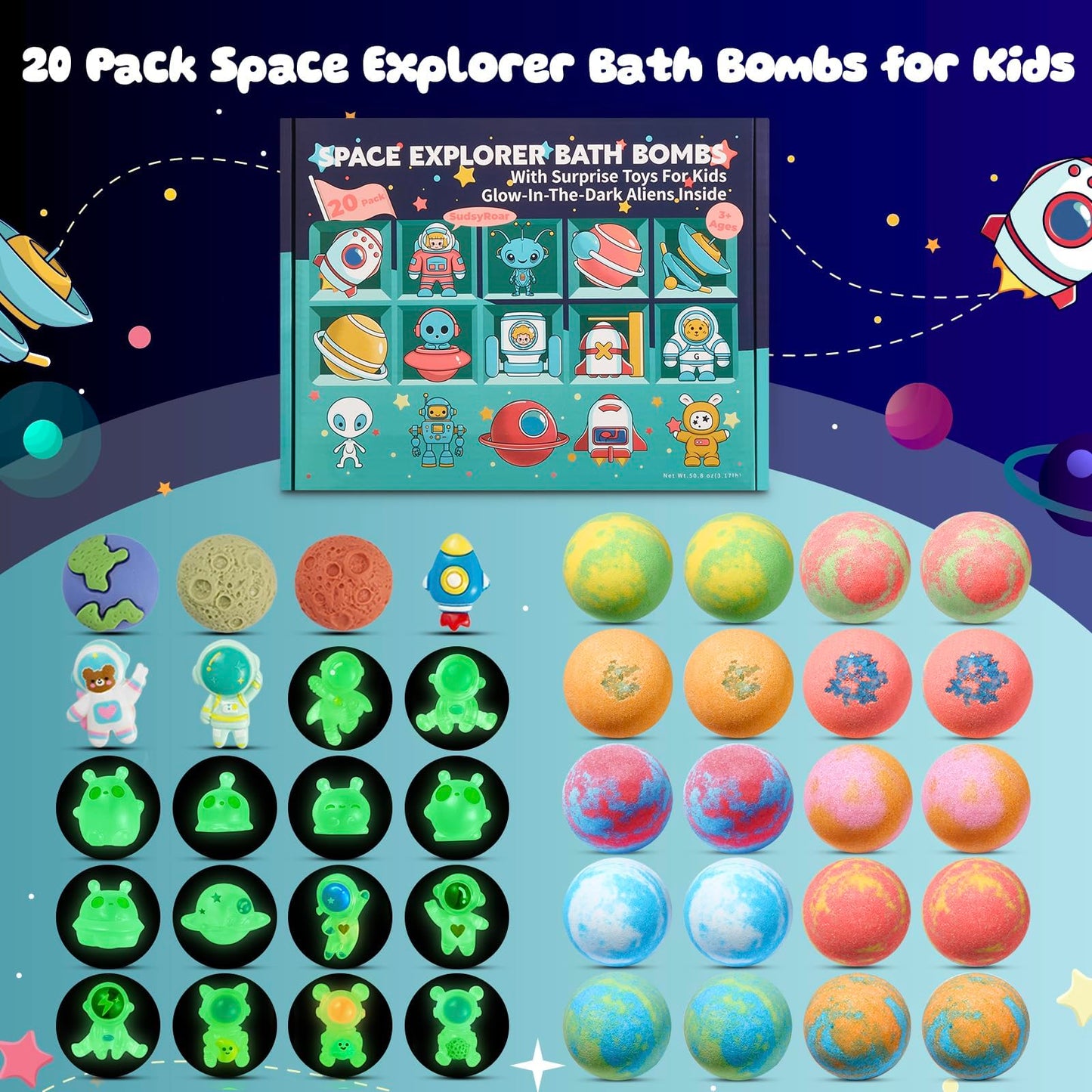 20 Pack Galaxy Bath Bombs for Kids with Space Explorer Toys, Cosmic Adventure Kids Bath Bombs with Astronauts, Rockets, Planets & Glow-in-The-Dark Aliens Inside,End-of-School Year Gifts
