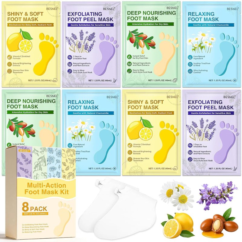Moisturizing Foot Mask - Hydrating Socks for Dry Cracked Feet | 8 Pack, 4 Styles