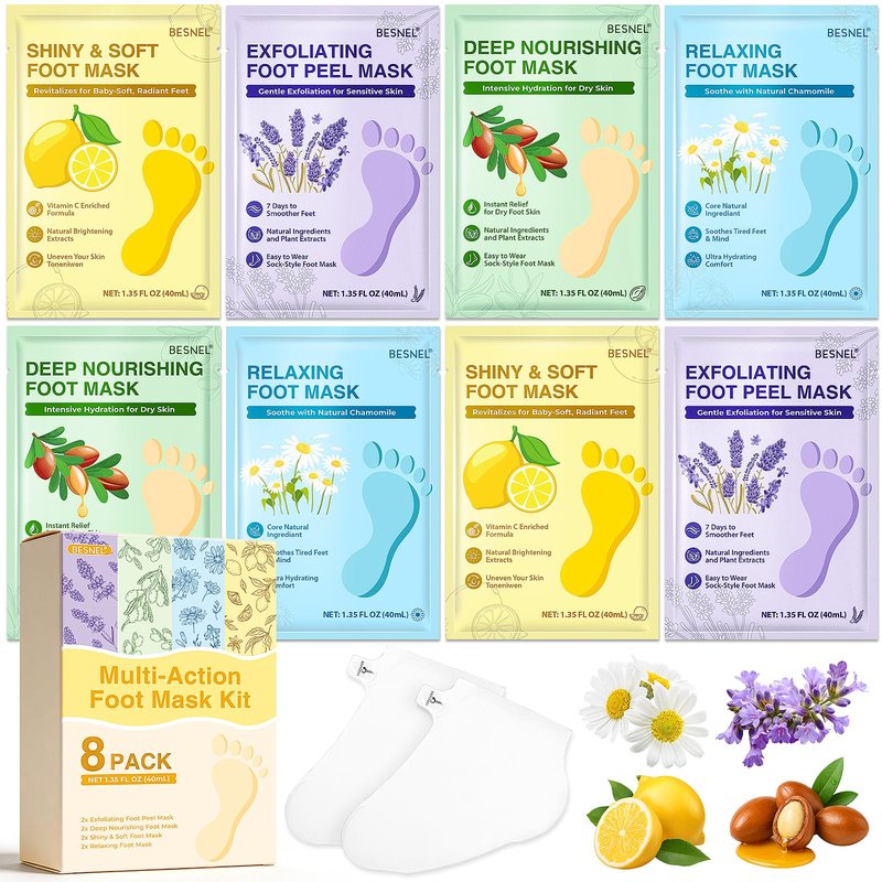 8 Pack Moisturizing Foot Mask,Hydrating Foot Masks for Dry Cracked Feet,Soothing Dry Skin Moisturizer Socks for Baby Soft Feet,Teacher Appreciation Gifts,Foot Care Spa Gifts for Women Men(4 Styles)