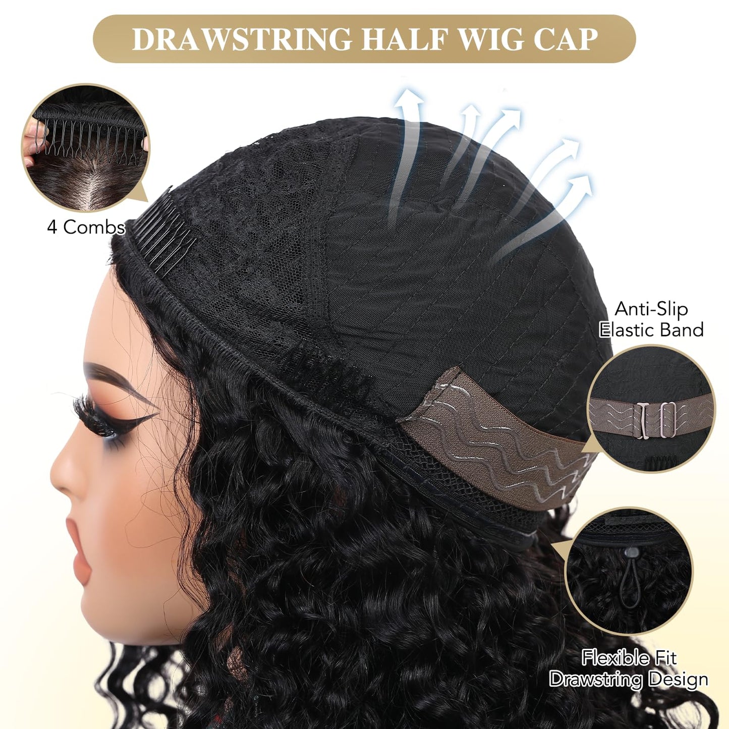 WIGNEE Burmese Curly Human Hair Half Wigs for Women 18 Inch 200% Density Glueless Deep Wave 3 In 1 Seamless Flip Over Half Wig Wear Go Drawstring Headband Wig with Spiral Ends Natural Color