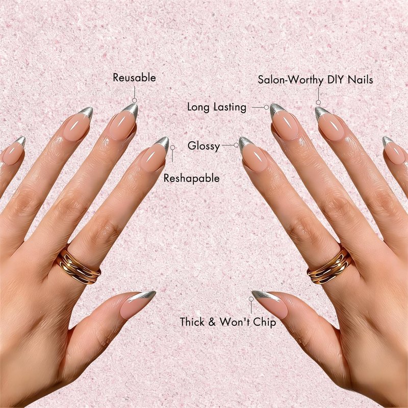 KXAMELIE French Tip Press on Nails Short Almond - Chrome Silver French Tip Nails with Glue & Tabs, Opaque Natural Nude Fake Nails in 12 Sizes - 24 Soft Gel Glue on Nail Kit for Women Manicure Gift