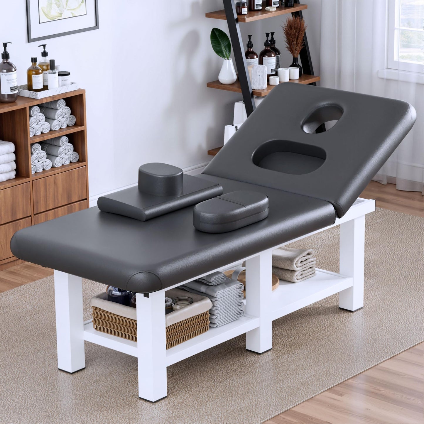 Wide Stationary Massage Table -Professional Massage Table with Adjustable Backrest & Under-Table Storage Space, Treatment Tables with 6 Sturdy Metal Legs and Pu Leather for Physical Therapy, Tattoo