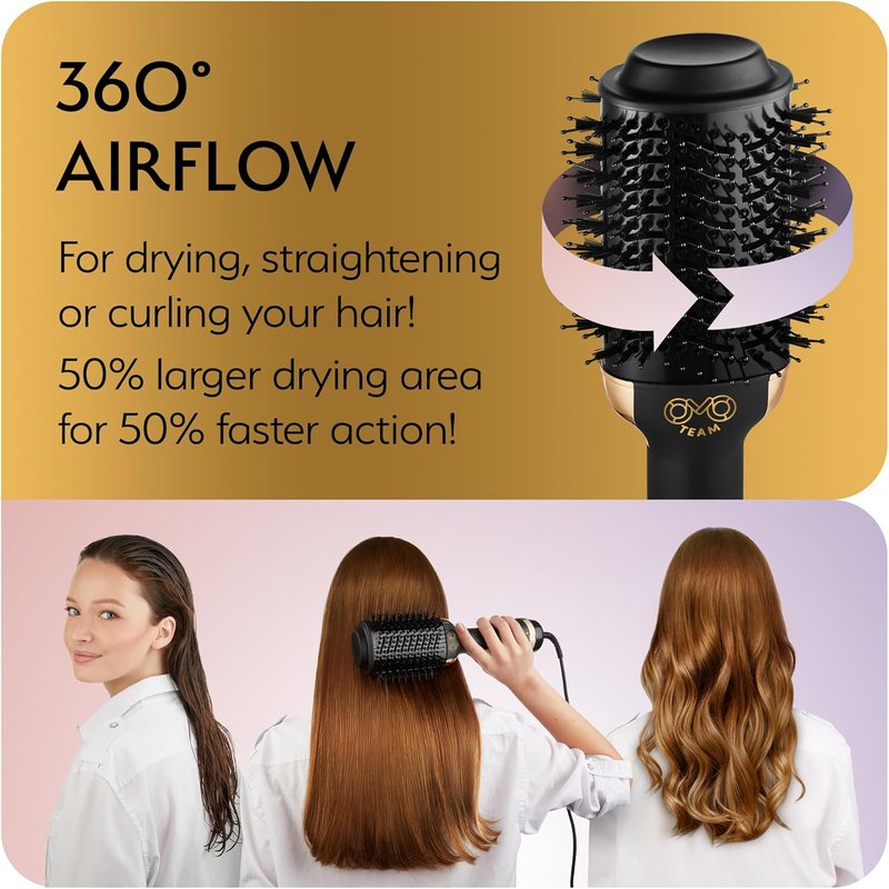 Professional Blowout Hair Dryer Brush - 75MM Oval Hot Air Volumizer for Women | Black Gold Finish