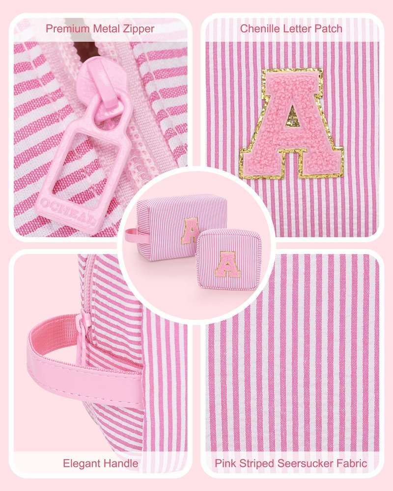 MONSTINA Preppy Chenille Makeup Bag|Personalized Initial Bags with Zipper,Cute Makeup Pouch Stripe Cosmetic Bag,Birthday Gift for Daughter|Preppy Things for Girls,2PCS Pink Q