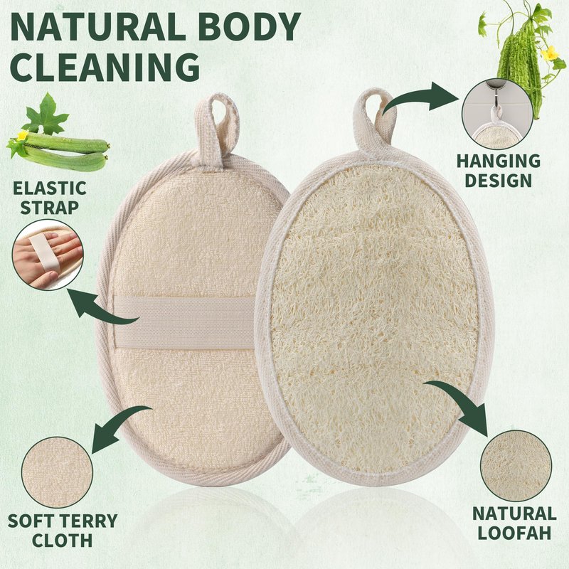 SAMEBUTECO 4 Pack Natural Loofah Exfoliating Body Scrubber Pads,Large Size 6.3x4.3 Inch Shower Loofah Sponges with Elastic Strap & Hanging Loop, Bath Scrubber for Adults