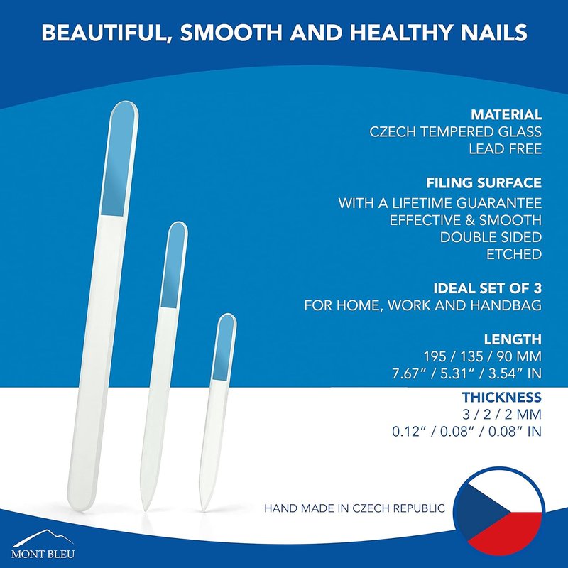 Mont Bleu Czech Glass Nail Files Set - Professional Handmade Gift Set - Washable Double-Sided | 3-Pack