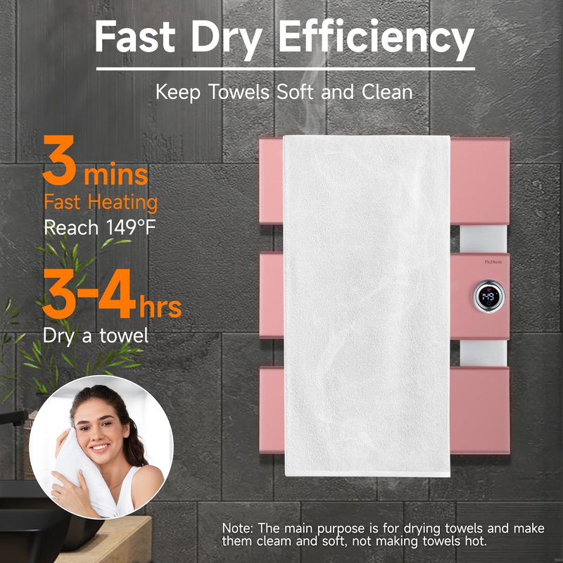 P&Dlusir Towel Warmer, Heated Towel Rack with Adjustable Temperature and Timer (1-24h, On), Fast Heating and Drying for Bathroom, Memory & Remote Control Compatible, Right-Wiring, 3-Panel, Silver