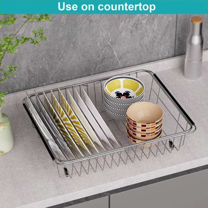 iPEGTOP Expandable Dish Drying Rack, Over The Sink Dish Rack, in Sink Or On Counter Dish Drainer with Black Utensil Holder Cutlery Tray, Rustproof Stainless Steel for Kitchen