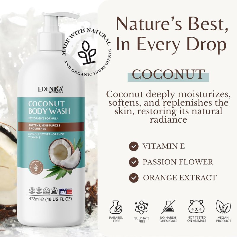 EDENIKA BOTANICALS Coconut Body Wash, Cleans, Softens & Nourishes, Ultra Moisturizing Shower Gel for Dry and Sensitive Skin, Women & Men, Organic & Natural, 16 fl oz, 2-Pack