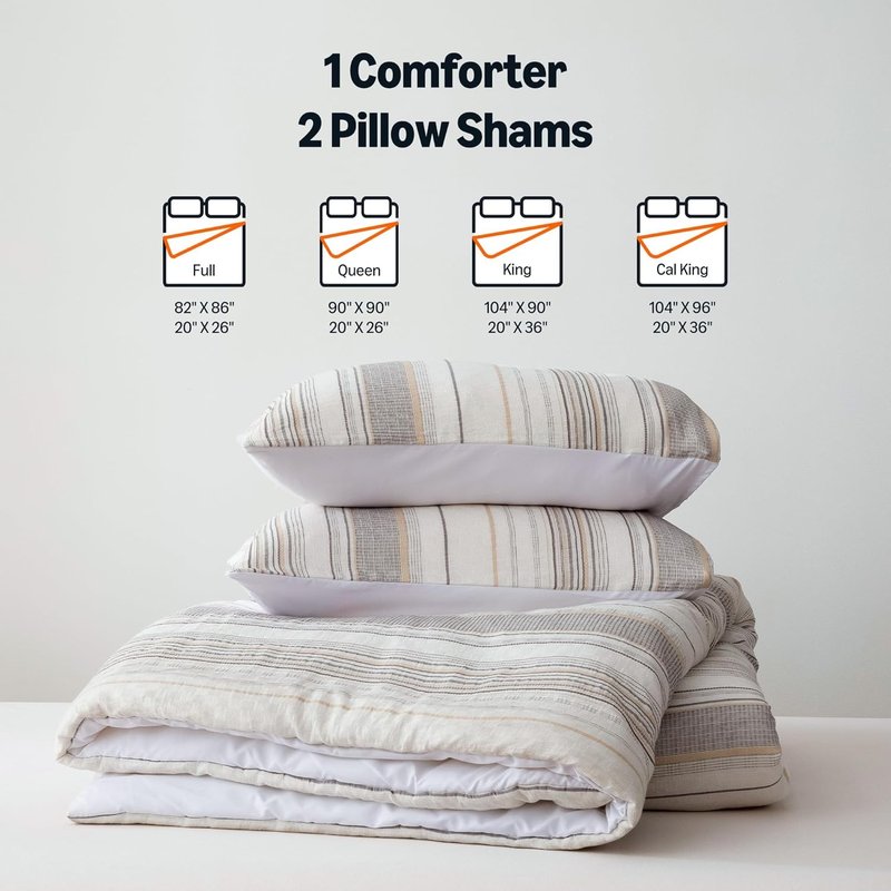 Comforter Set - 3-Piece Jacquard Bedding with 2 Pillow Shams | All-Season Queen Size, Beige Striped