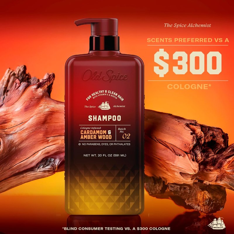 Old Spice Men's Shampoo - Cologne-Infused Cardamom & Amber Wood Scent | Paraben & Phthalate Free, 20 fl oz