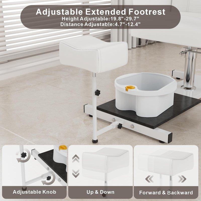 KIGOTY Pedicure Chair No Plumbing for Nail Tech, 360° Swivel Nail Tech Pedicure Chair for Salon with Massage Bath Bowl & Footrest, Height Adjustable Reclining Foot Station Unit, Foot Spa Chairs, White