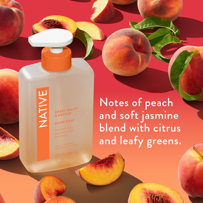Native Liquid Hand Soap, Sweet Peach & Nectar Scent, Non-Drying Formula for Soft, Smooth Hands, Made with Plant-Based Cleansers, Sulfate & Paraben Free, 13 oz Bottle
