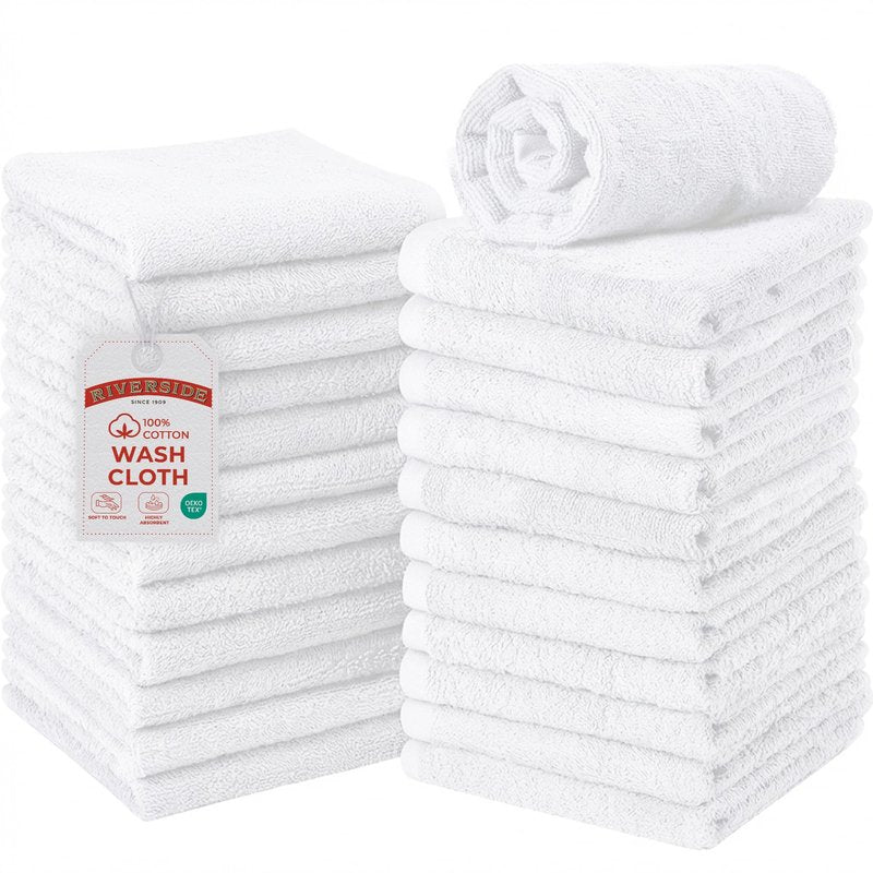 RIVERSIDE Pack of 24 Wash Cloths for Showering, 12 x 12 Inches, Super Soft & Absorbent, 100% Cotton Washcloths Premium Quality Flannel Face Cloths for Bathroom, Gym, Spa (White, 24 Pack)