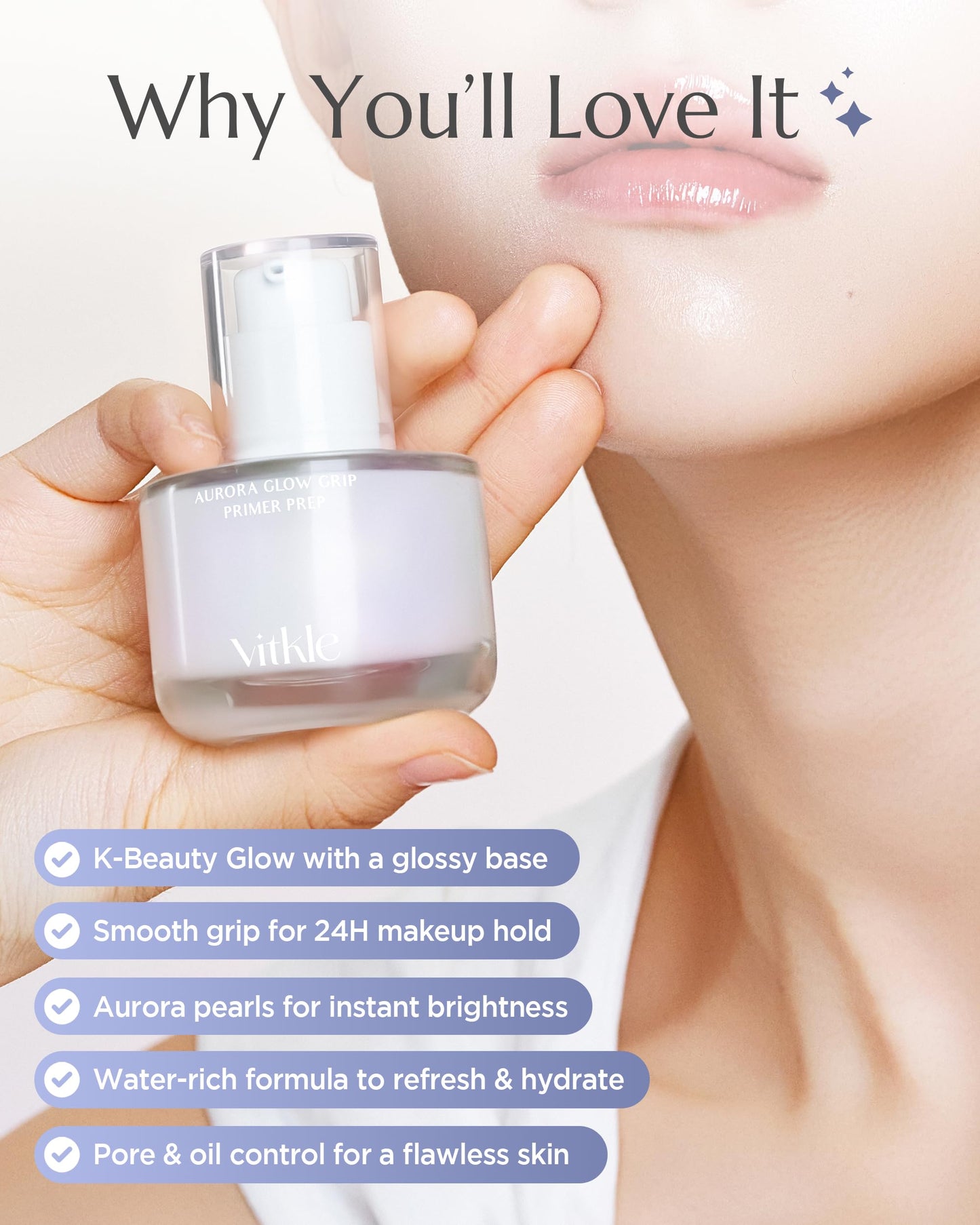 Vitkle Aurora Glow Grip Primer Prep - Korean Illuminating Makeup Base for Radiant Skin - 8-Layer Hyaluronic Acid and Ceramides - Pore Minimizing, Sebum Control, Long Lasting Makeup, 1.01 fl.oz.