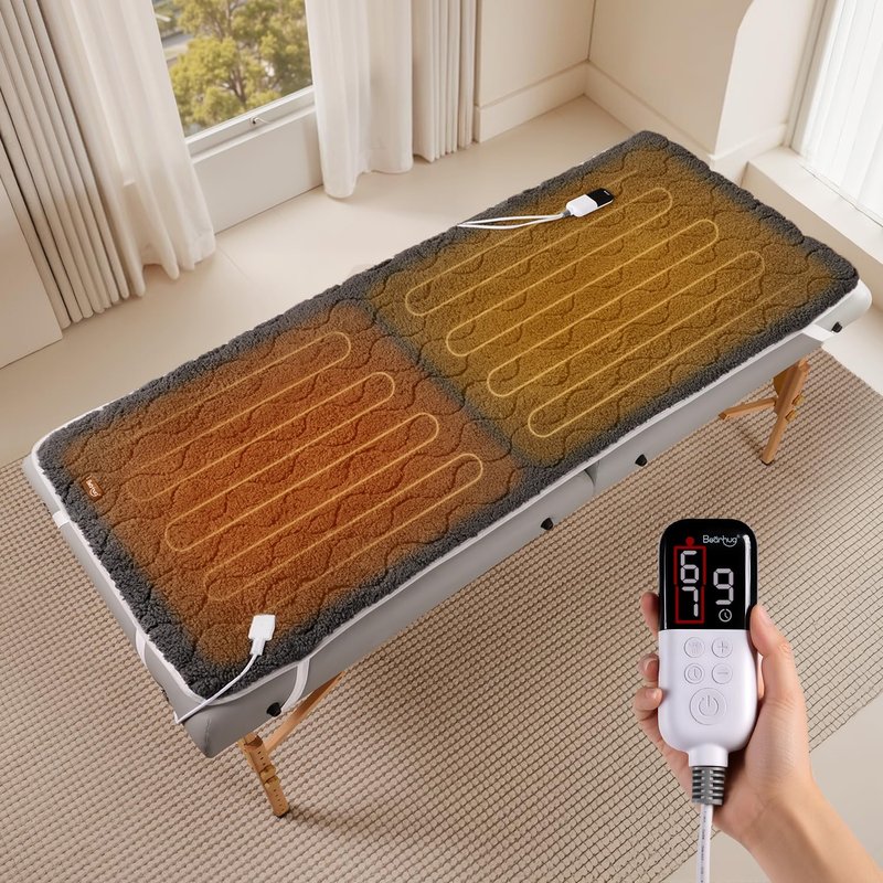 Bearhug Massage Table Warmer Heating Pad 30” x 71”, Dark Grey Sherpa Wool Dual-Zone Heating Pad with 1-9 Hours Timer & 10 Heating Levels, LED Controller, Machine Washable
