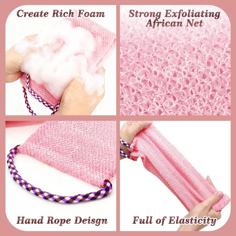 Manmihealth Soft Silicone Body Scruuber & African Bath Sponge Net Set, Gentle-Cleansing Shower Brush & Exfoliating Mesh Combination, Lathering Well Africa Wash Net Shower Scrubber (Pink)