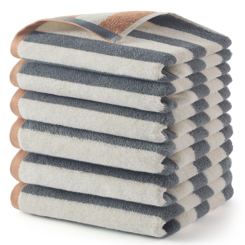 REDKISS 6 Pack Striped Wash Cloths - 13 x 13 Inch 100% Cotton Washcloths Set, Super Soft and Highly Absorbent Face Towels for Bathroom, Showering, Kitchen, Gym, Spa, Gray