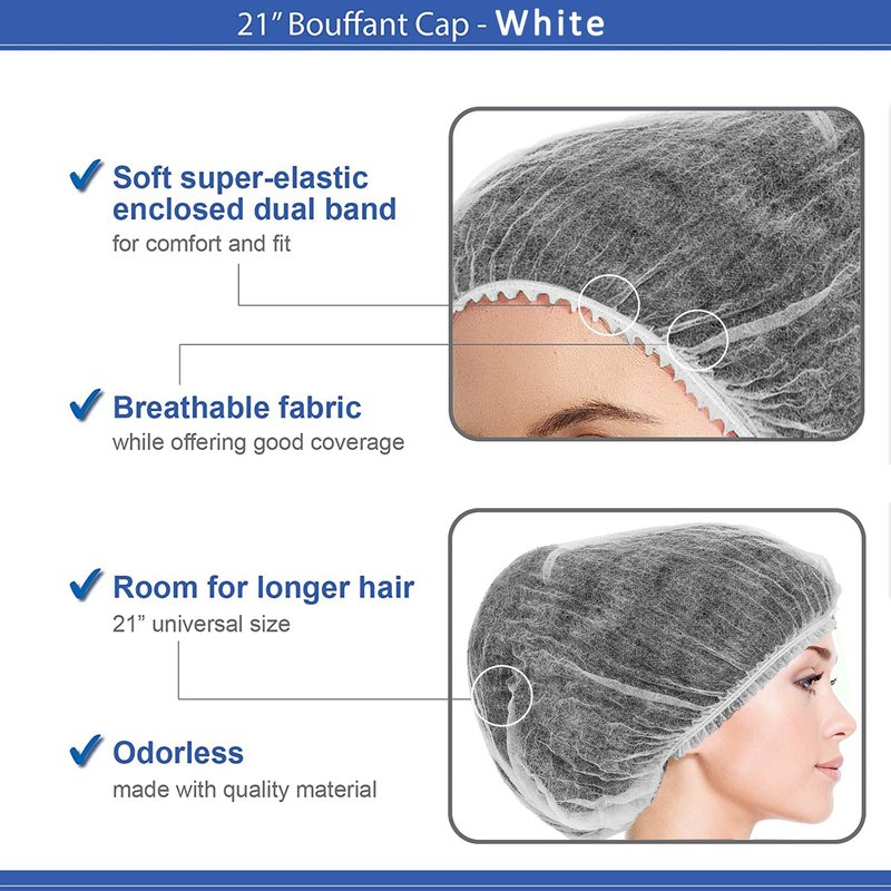 Disposable Bouffant Caps, 21inches Hair Net, Elastic Dust Cap for Food Service, Cooking, Salon,Spa,Spray tans, Restaurant,Industry,Garden,Kitchen Head Cover (White)
