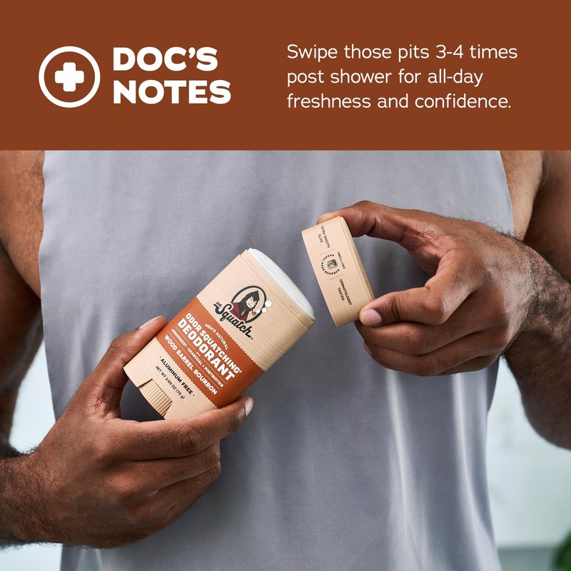 Dr. Squatch Natural Men’s Deodorant – Aluminum Free Natural Deodorant Men with Charcoal & Postbiotics for 72-Hour Odor Protection – Wood Barrel Bourbon, 2.65oz Stick
