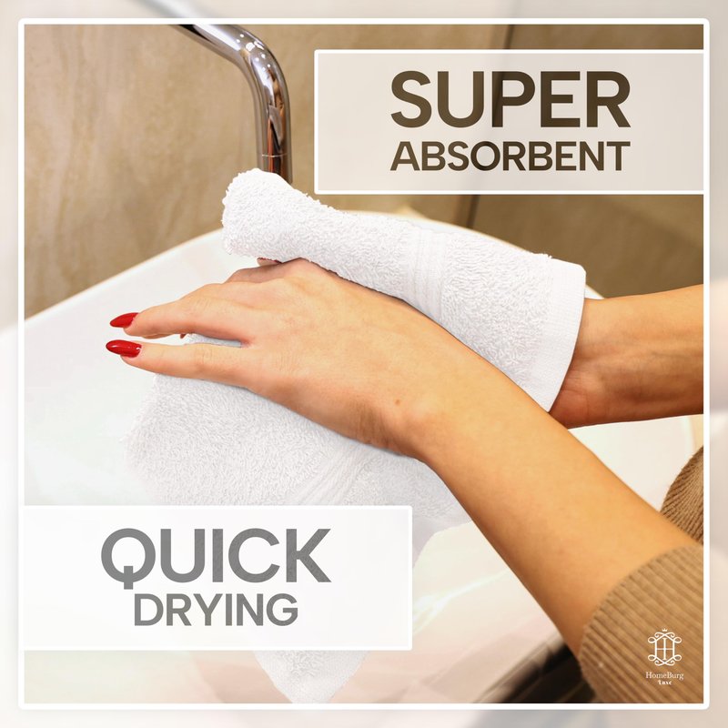 HomeBurg Luxe 12-Piece Washcloth Set - 100% Cotton, Soft & Absorbent, Easy Care, Premium Towels for Face & Daily Use, 12 x 12 in (White)