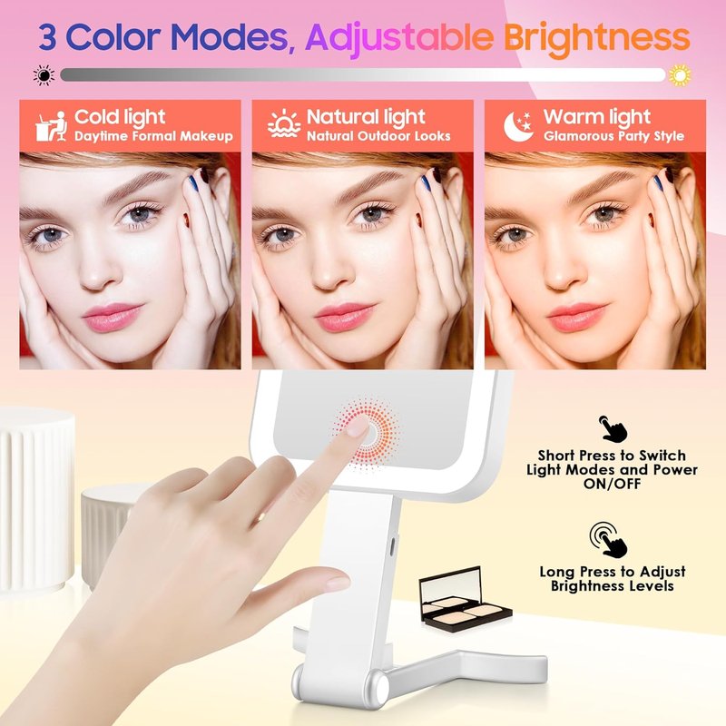 GOMIPURU Magnifying Travel Mirror - 30X/1X Double-Sided with Adjustable Brightness & 3 Color Lights | Portable & Foldable for Makeup