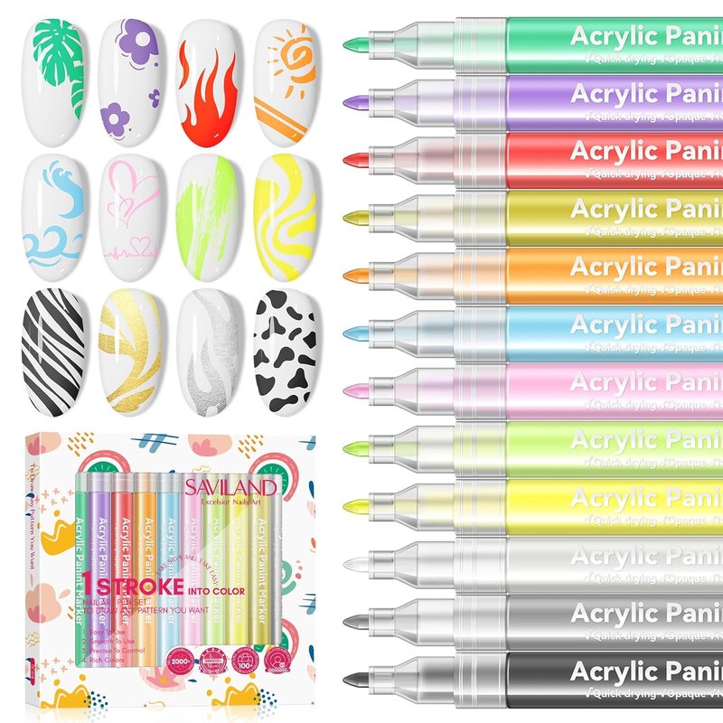 Saviland 12 Colors Nail Art Pens Set | 3D Acrylic Paint Markers for Creative Nail Designs & DIY Manicure