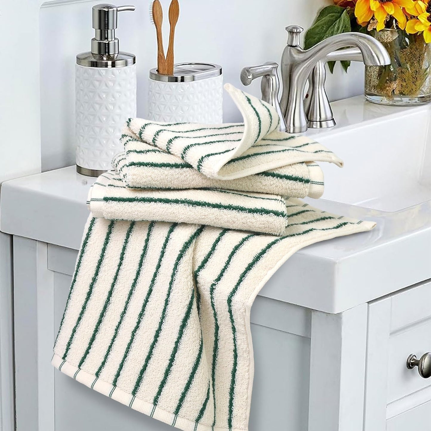 Jacquotha Striped Cotton Washcloths 12 Pack, 13” x 13” - Soft Wash Cloths for Bathroom, Kitchen, Gym, Face, Green and Cream