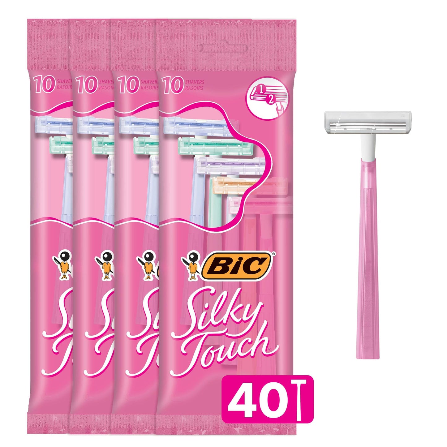 BIC Silky Touch Women's Disposable 2-Blade Razors, Travel Covers, College Dorm Room Essentials and First Apartment Must-Have, 40-Pack
