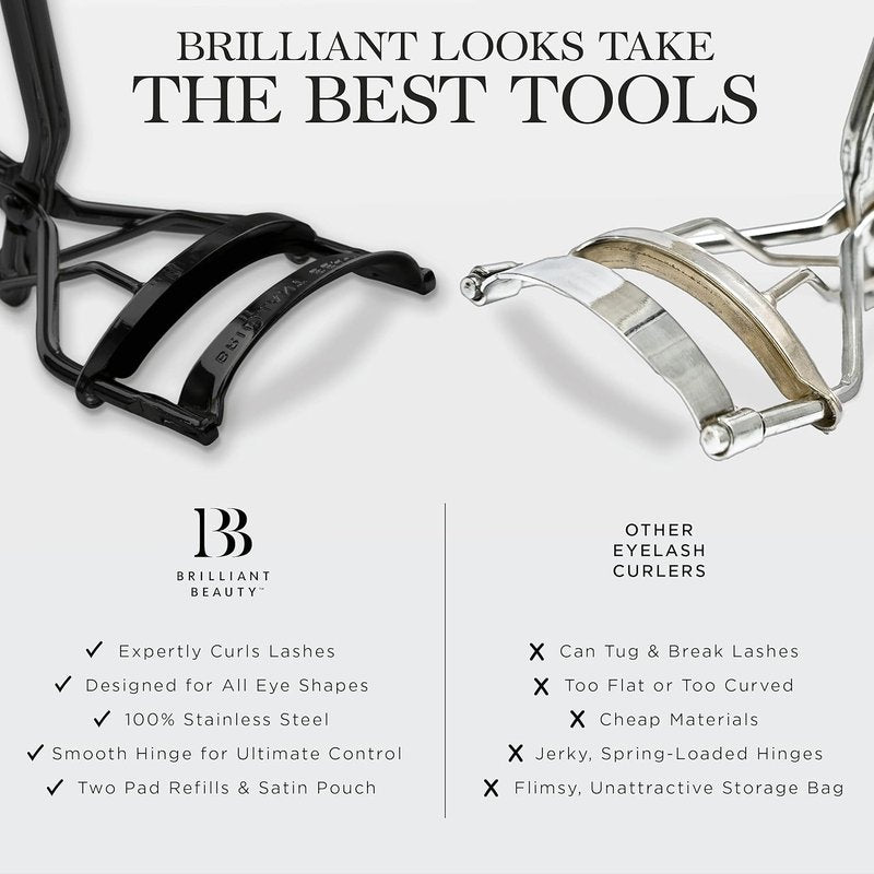 Brilliant Beauty Eyelash Curler - Dramatic Curling Tool with Satin Bag & Refill Pads | Jet Black