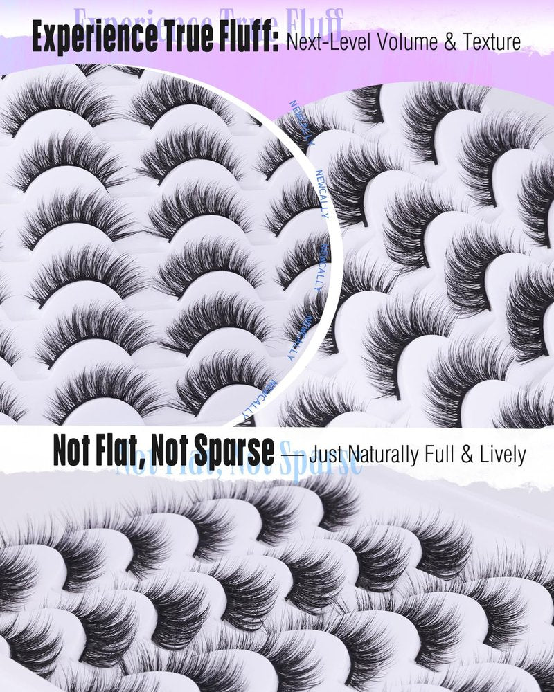 False Eyelashes Cat Eyes | Wispy Natural Faux Mink Lashes - 14 Pairs Multipack