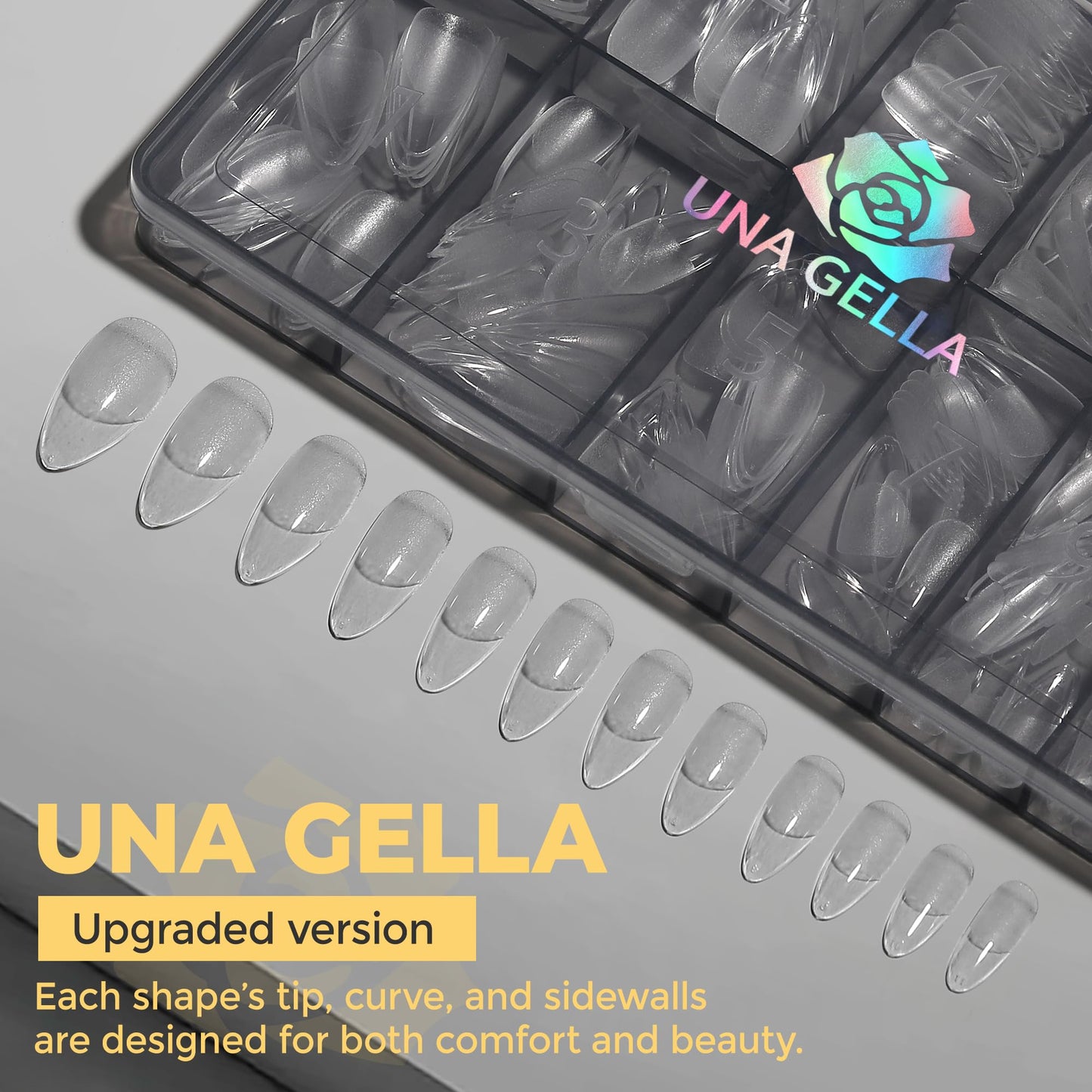 UNA GELLA Medium Almond Nail Tips, Pre Etched Almond Gel Nail Tips, 240pcs Soft Gel Full Cover Clear Press on Fake Nails for Nails Extensions No C Curve DIY Salon at Home 12 Sizes