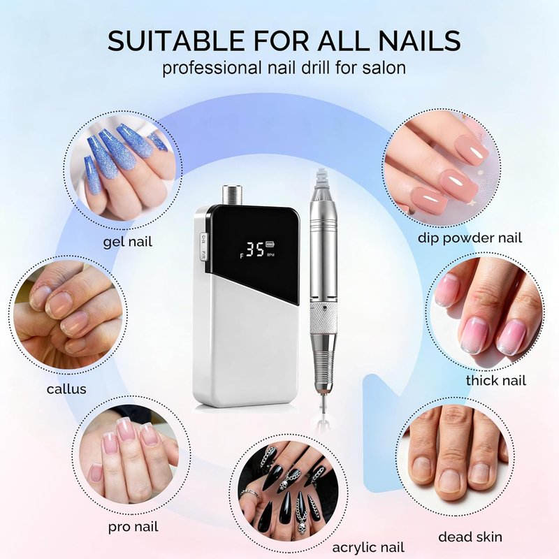 Skiennix Electric Nail File - 35000RPM Rechargeable Portable Nail Drill for Beginners | Cordless Efile for Acrylic & Gel Nails, White