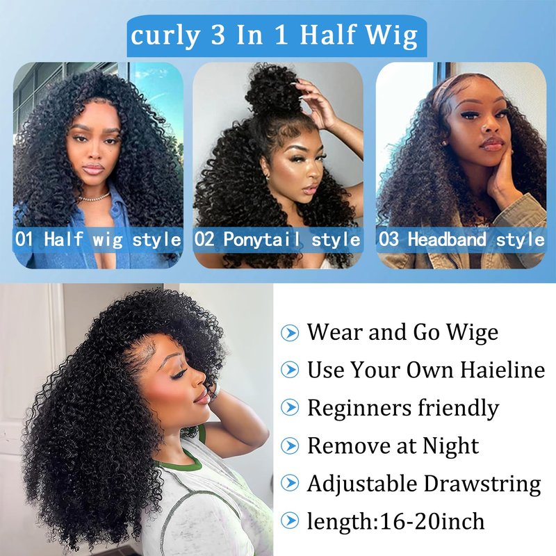 Ding Dian Kinky Curly Half Wig Human Hair 200% Density 3 In 1 Glueless Wear and Go Kinky Curly Wig Human Hair Seamless Flip Over Wig Drawstring Headband Wig Beginner Friendly 16 Inch