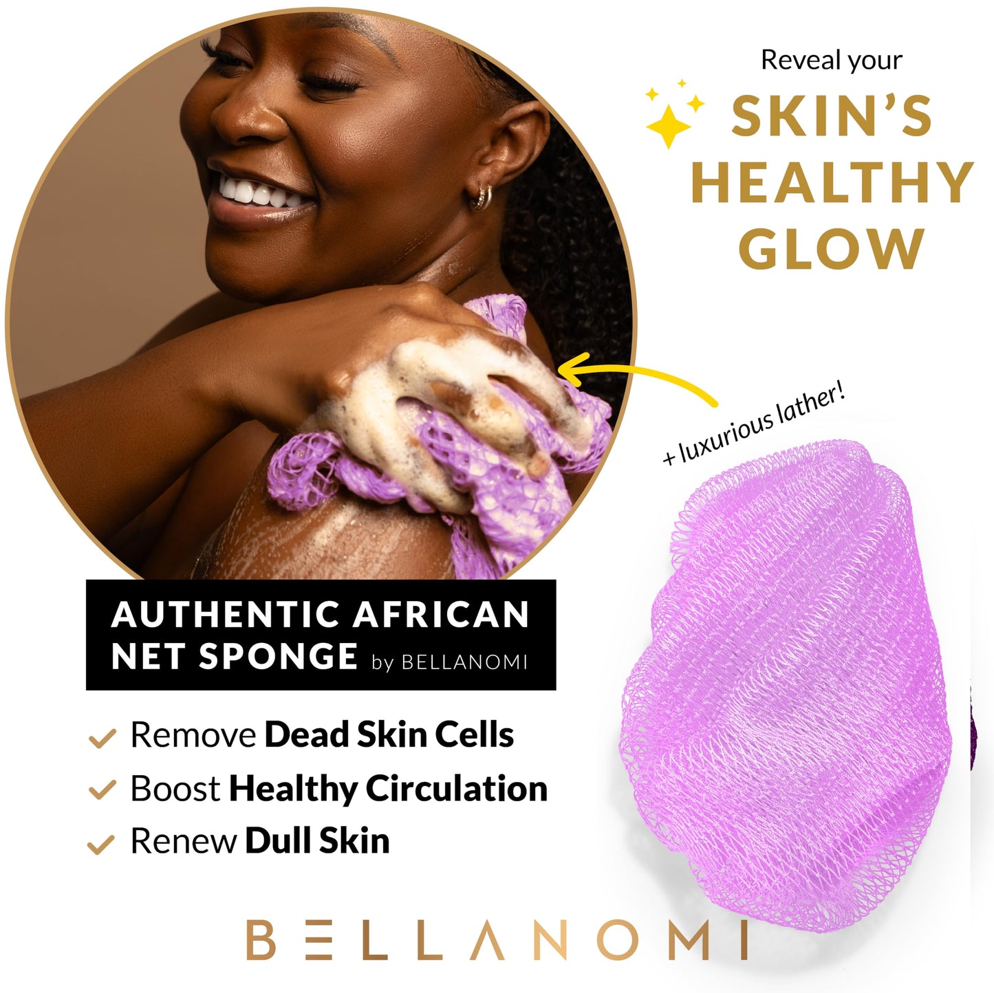 BELLANOMI African Exfoliating Net Sponge, Authentic, Ethically sourced from Nigeria, 45 inches Long, Back Scrubber for Daily use (Lilac)