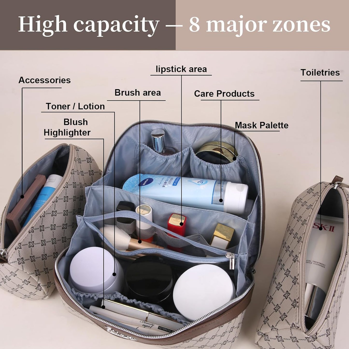 Travel Makeup Bag Set - 3 Pcs Large Capacity Vegan Leather Cosmetic Organizer | Khaki