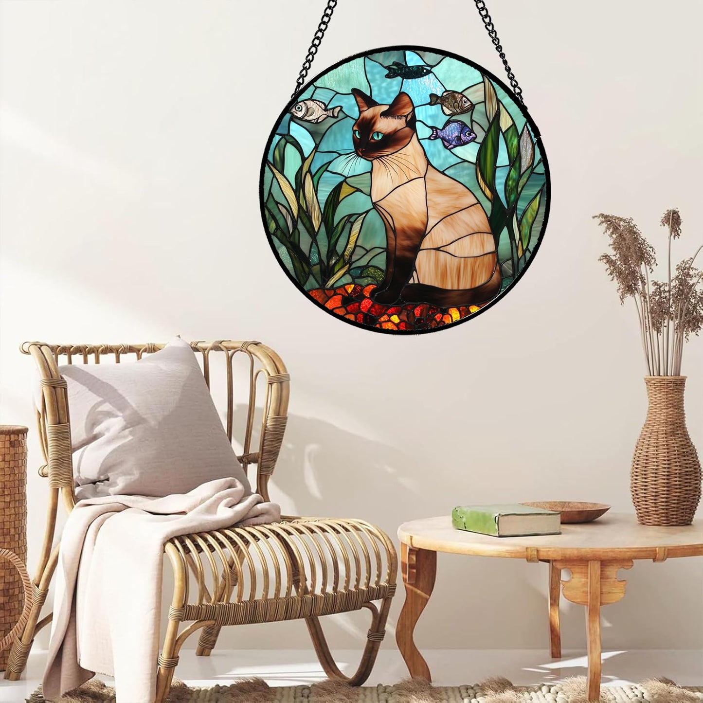 GEFOS Stained Glass Window Hanging Cat Fish Plants 6.3" - Suncatcher Door Garden Sunroom Sun Catcher Home Decor Birthday Christmas for Lost Pets Cat Lovers Mom Men Woman