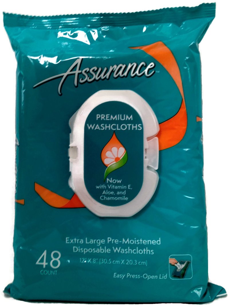 Assurance Premium Pre-moistened Disposable Washcloths, Extra Large, 48ct, Multipack of 4 (192 Wipes Total)