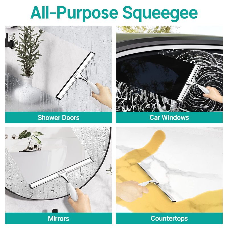 AmazerBath Shower Squeegee, Squeegee for Shower Glass Door, All-Purpose Car Window Squeegee for Shower Doors Tiles Mirror, Stainless Steel, Non-Slip Handle, Long Blade, 10 Inches