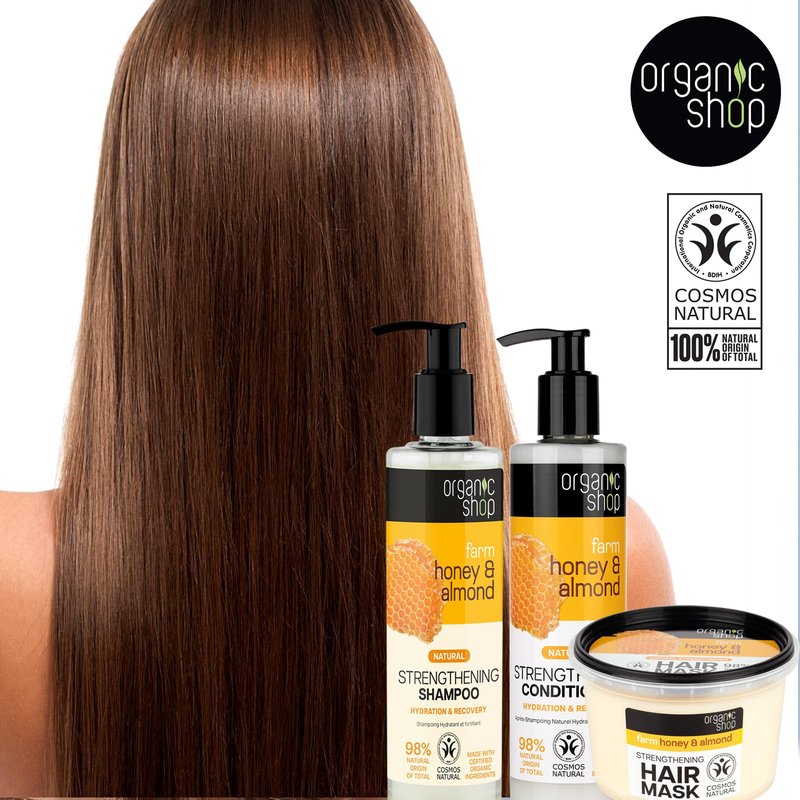 Organic Shop Honey & Almond Hair Strengthening Shampoo & Conditioner Hydrate Moisturizing Restorer, Softens & Deeply Hydrates Dry Damaged Hair, Paraben-Free, Sulfate-Free. 100% Vegan - Organic. Pack-2