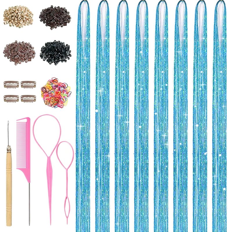 Lack Blue Hair Tinsel, 8 Pcs Fairy Hair Tinsel Kit for Girls Women 48 Inch 3200 Strands with Tools Hair Accessories Glitter Tinsel Hair Extensions for Party Festival Christmas (Lack Blue)